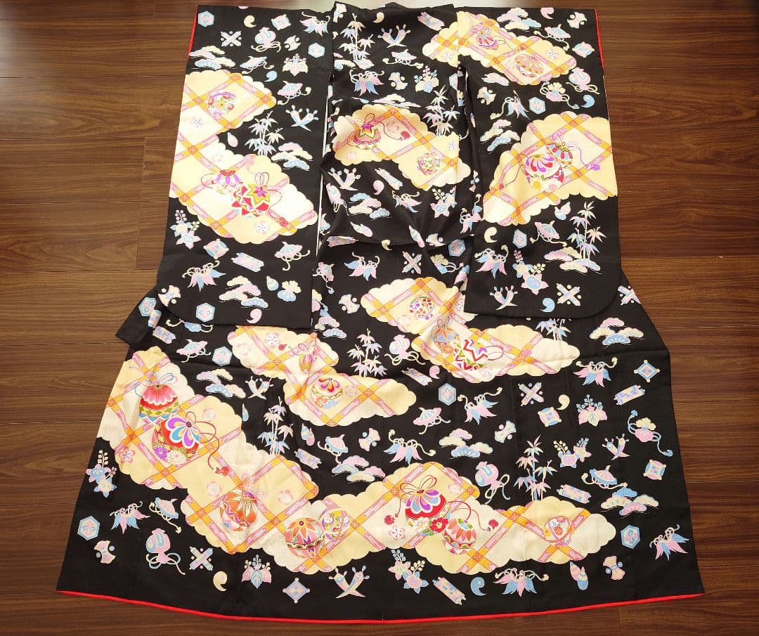 正絹　七五三　着物　長襦袢セット　黒　手毬　宝尽し