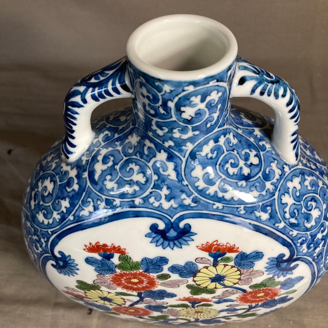 【源右衛門】古伊万里の伝統　日本の名窯　舘林源右衛門作　染錦菊絵　扁壺（花瓶）