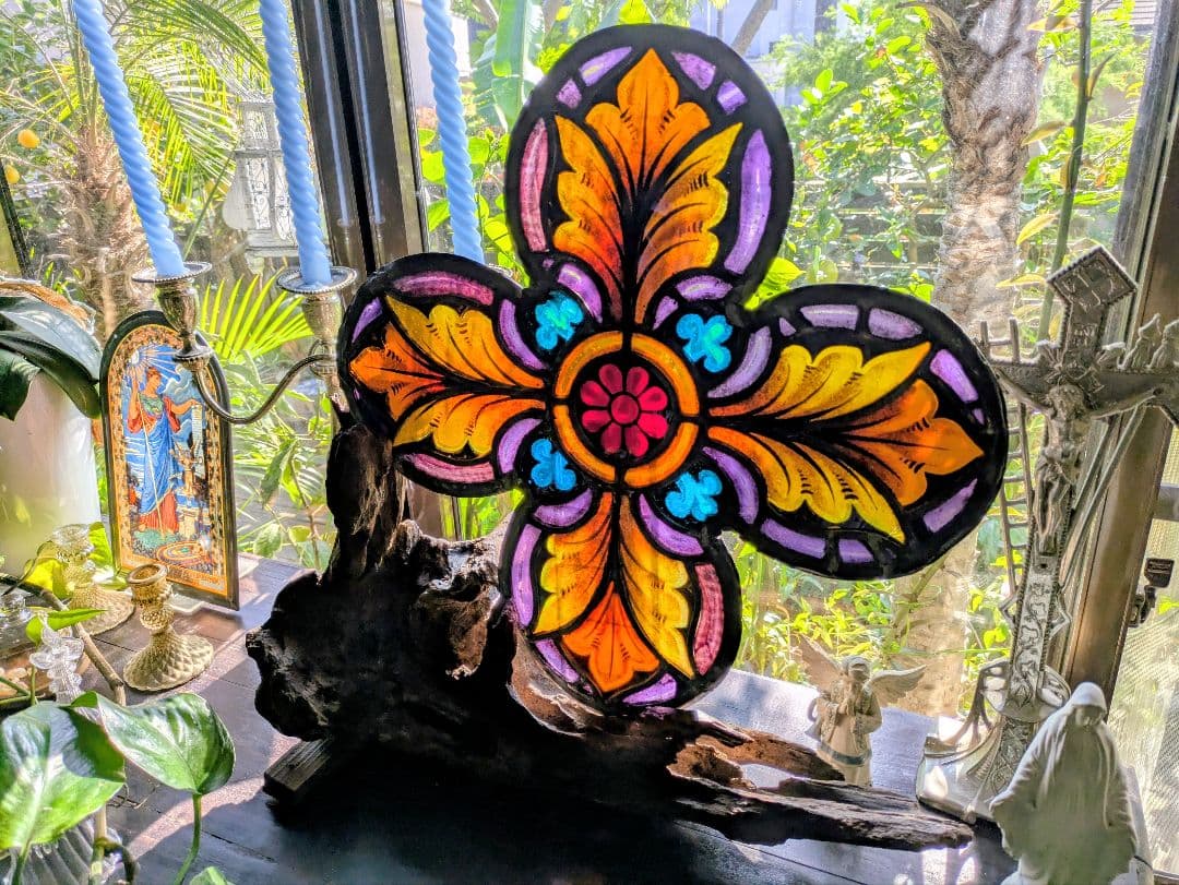 幸運の四つ葉の花文 アンティーク ステンドグラス 教会 クリスマス