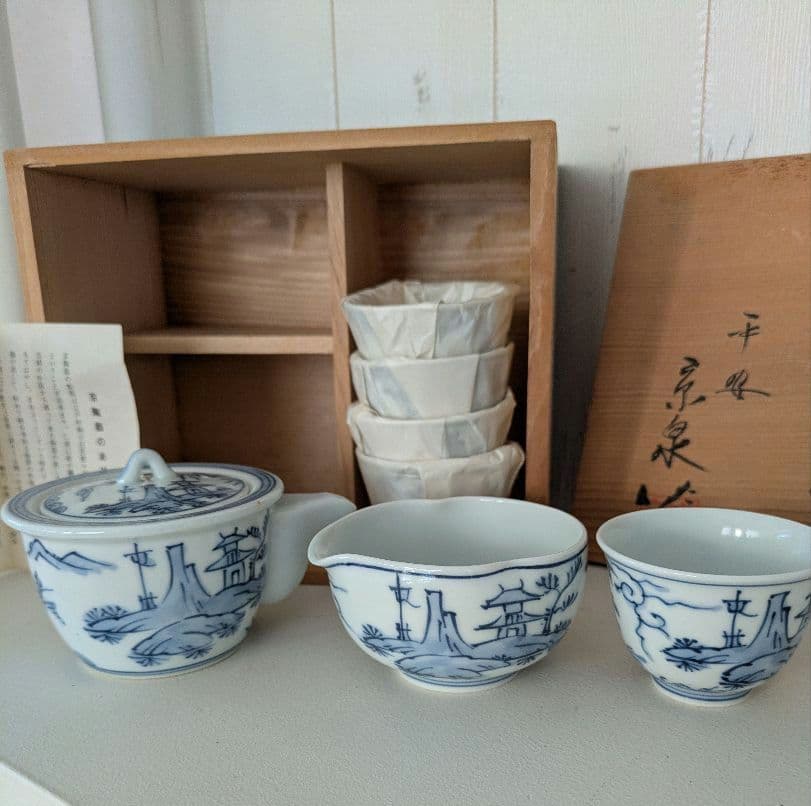染付山水絵 煎茶器揃 平安京泉作 京焼 清水焼