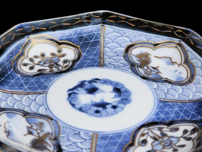 古伊万里 青海波に墨弾籠目紋 楼閣山水に花の図 八角皿2枚F205AS-fbud