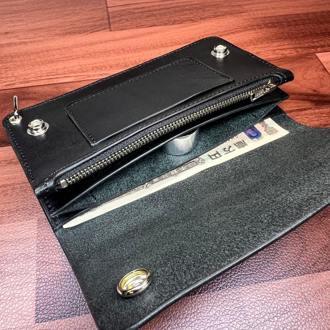 【トラッカーウォレット ロング 3層】 ブラック 北米ステア シルバー