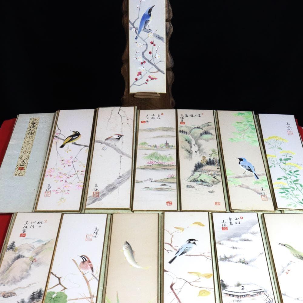 短冊】☆日本画☆ 四季の情景13枚 「木製飾り台」、「目録」付き