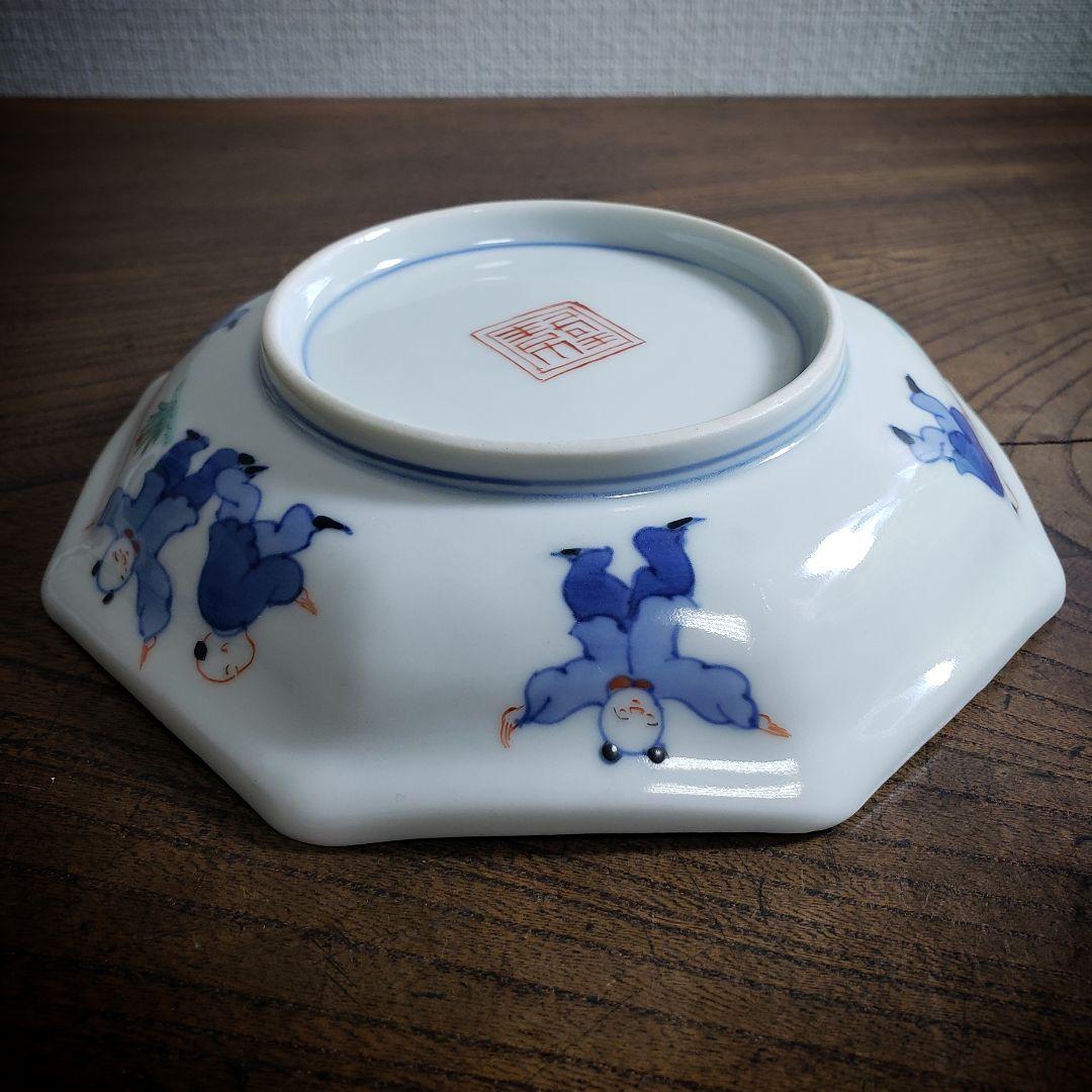 八角形 変形皿 無花果 色絵付 染付 中国童 柿右衛門様式 古伊万里 ロ号