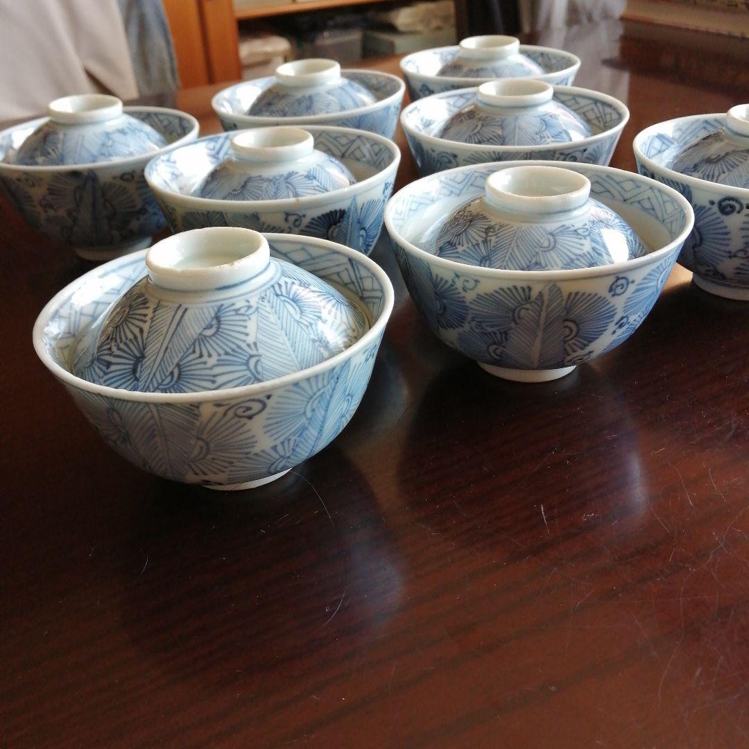 古伊万里　染付線描蓋茶碗　8客　10.5cm　江戸後期～幕末