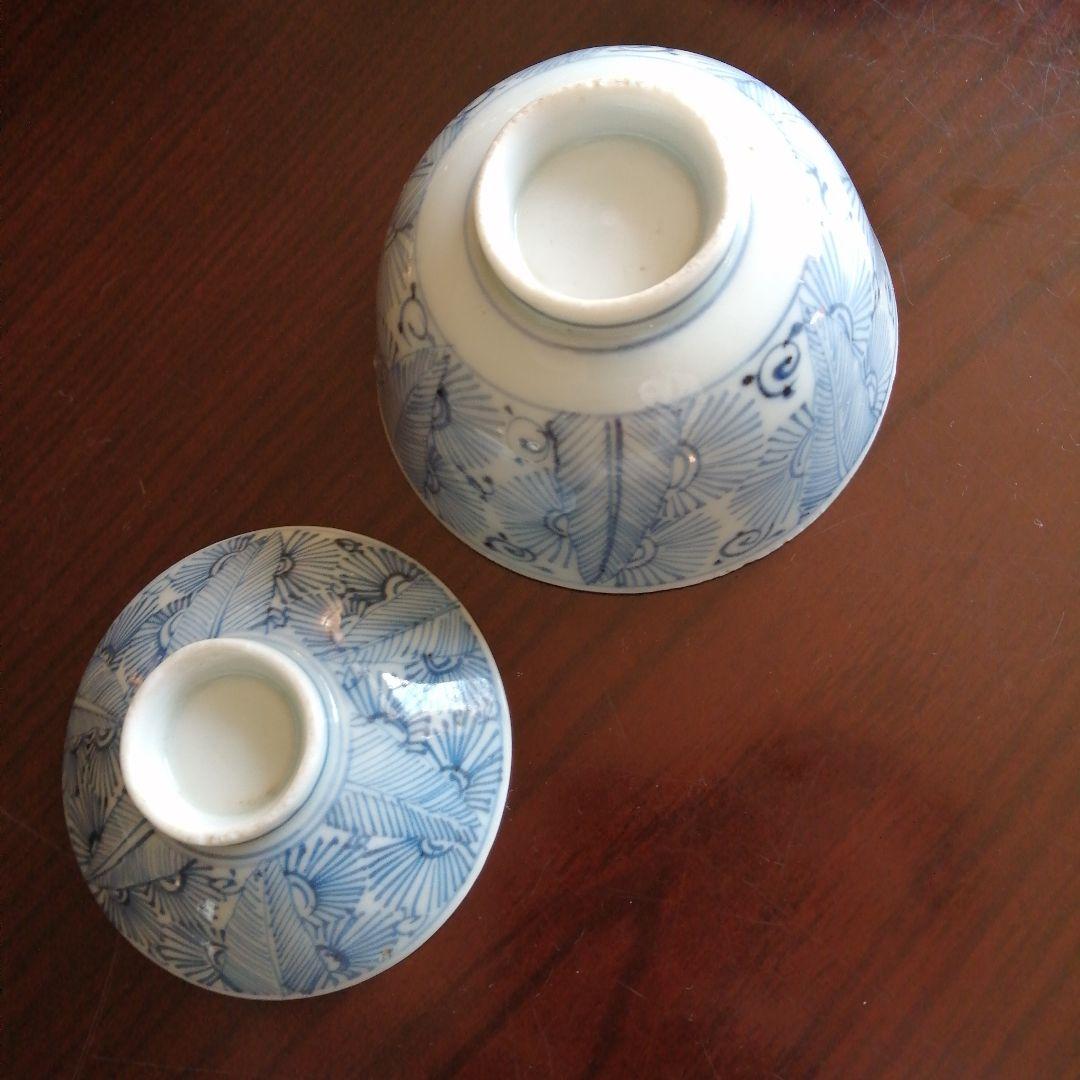 古伊万里　染付線描蓋茶碗　8客　10.5cm　江戸後期～幕末