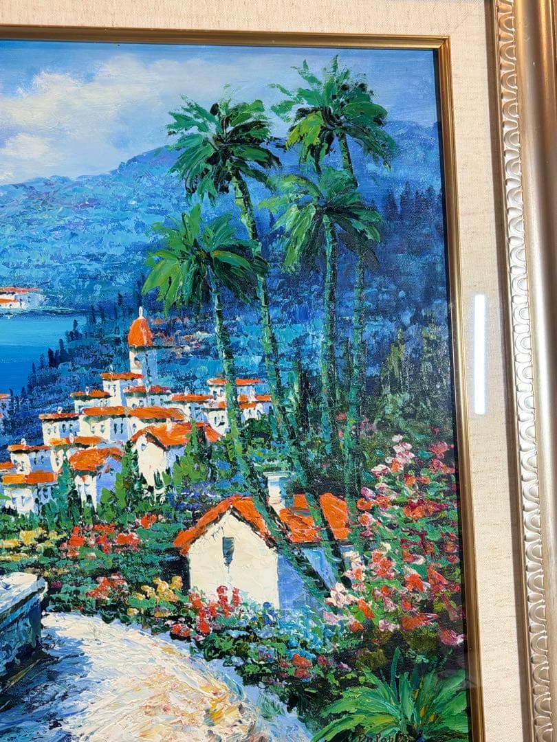 セルジュ・ルゴンによる「地中海への道」 風景画 油彩 海と町の風景