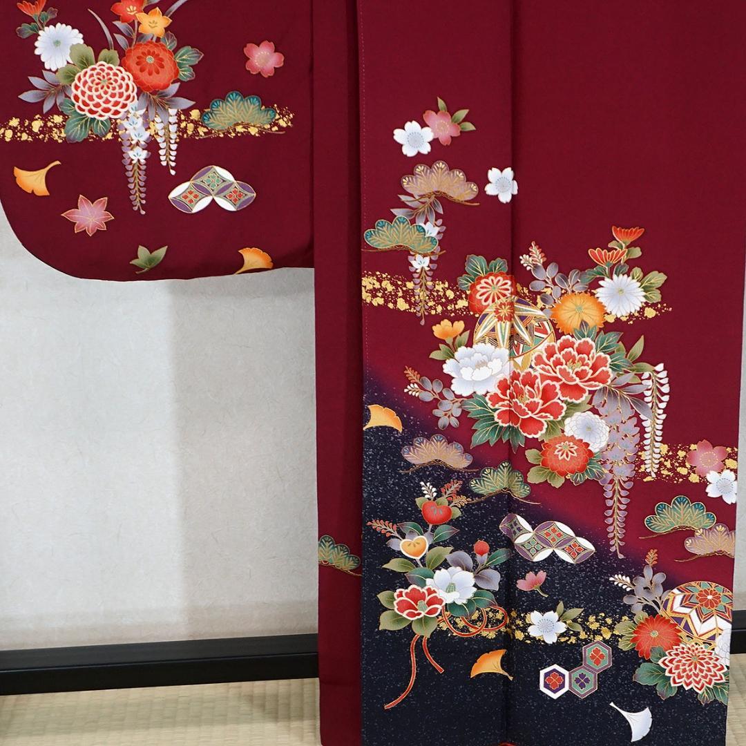 モダンなダークピンク 牡丹 藤 正絹振袖 長襦袢付 160cm a657