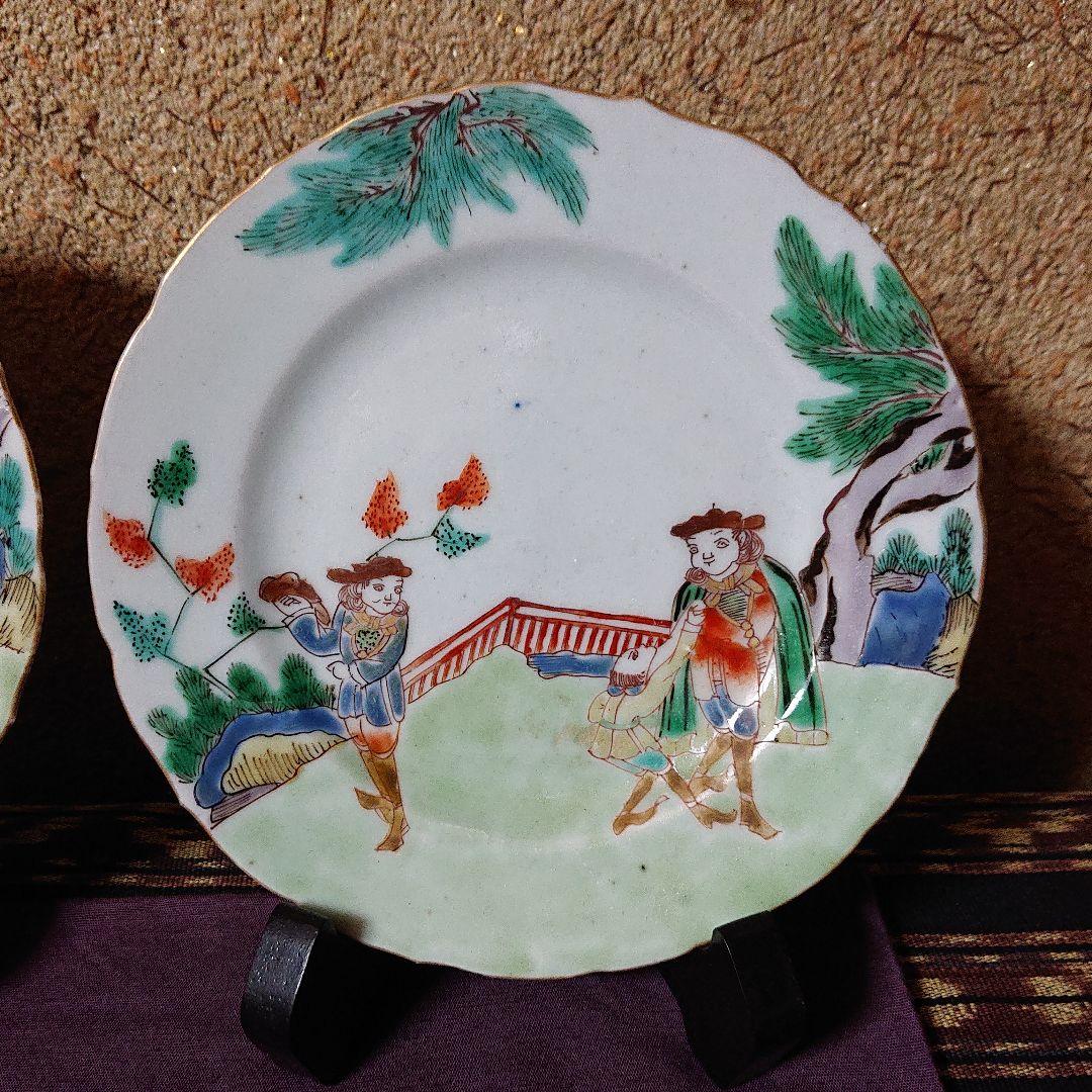 古伊万里 南蛮人と伝書鳩(鷹)図 輪花 菓子器 皿