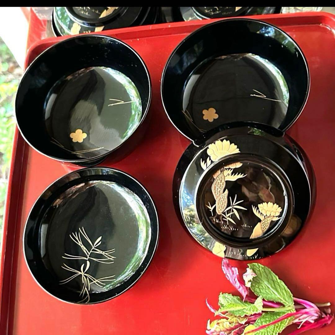 時代 輪島塗 【牡丹唐草金蒔絵銘々皿5客組】 菓子皿 天然木 漆