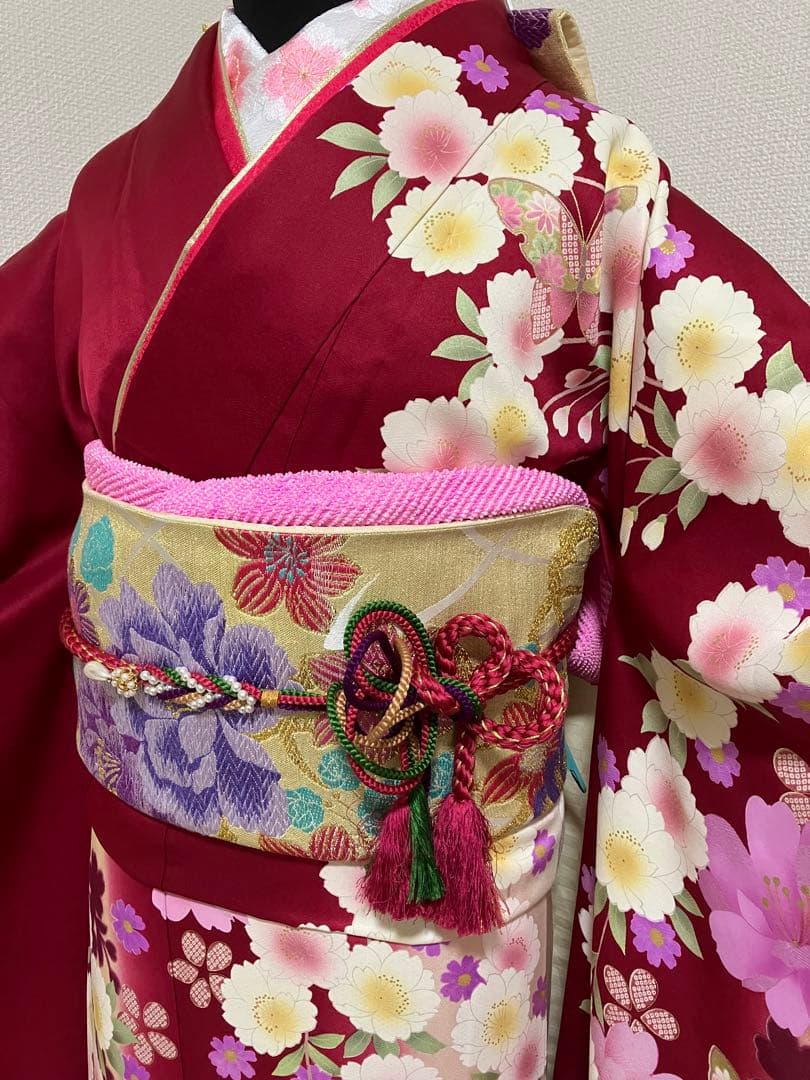 えんじ＆クリームツートン正絹振袖 全て揃ったフルセット身丈174裄丈68