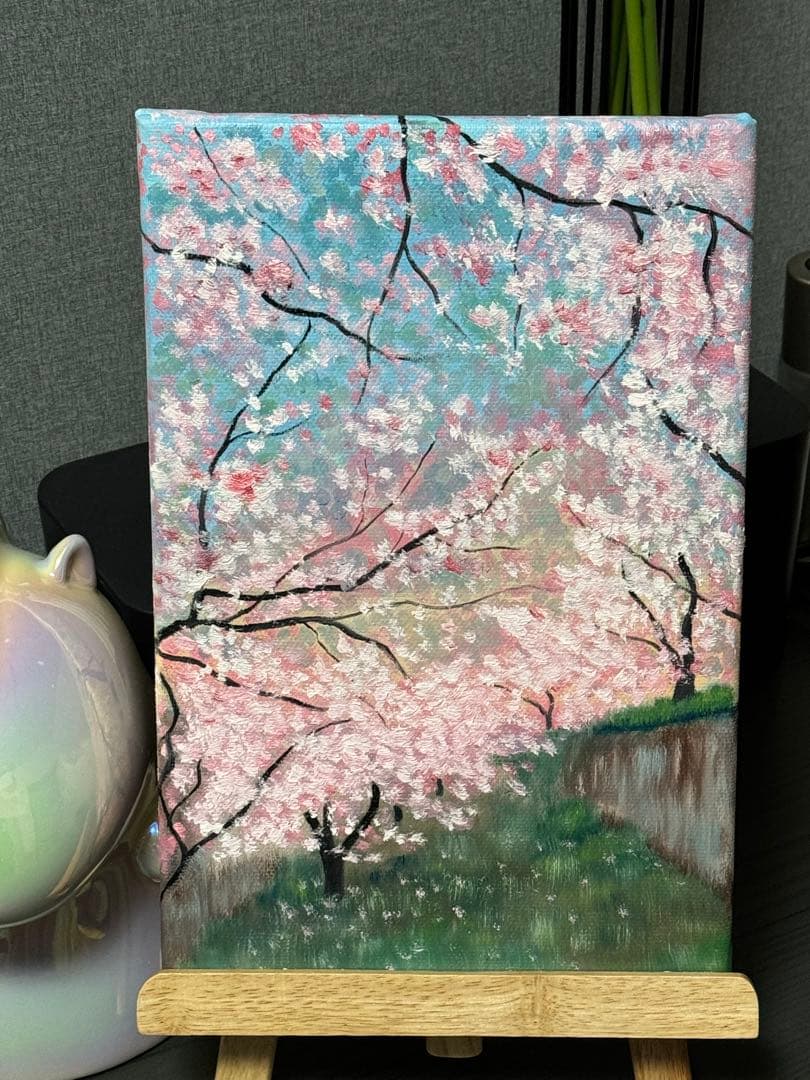 「早桜」　手描き　油絵　風景画　原画　油彩画　印象派