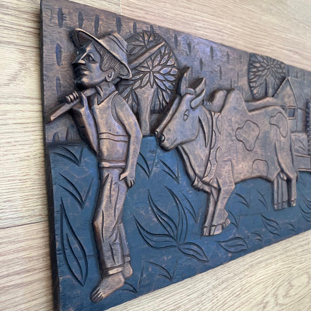 木製農業シーン浮彫りレリーフ 約80cm