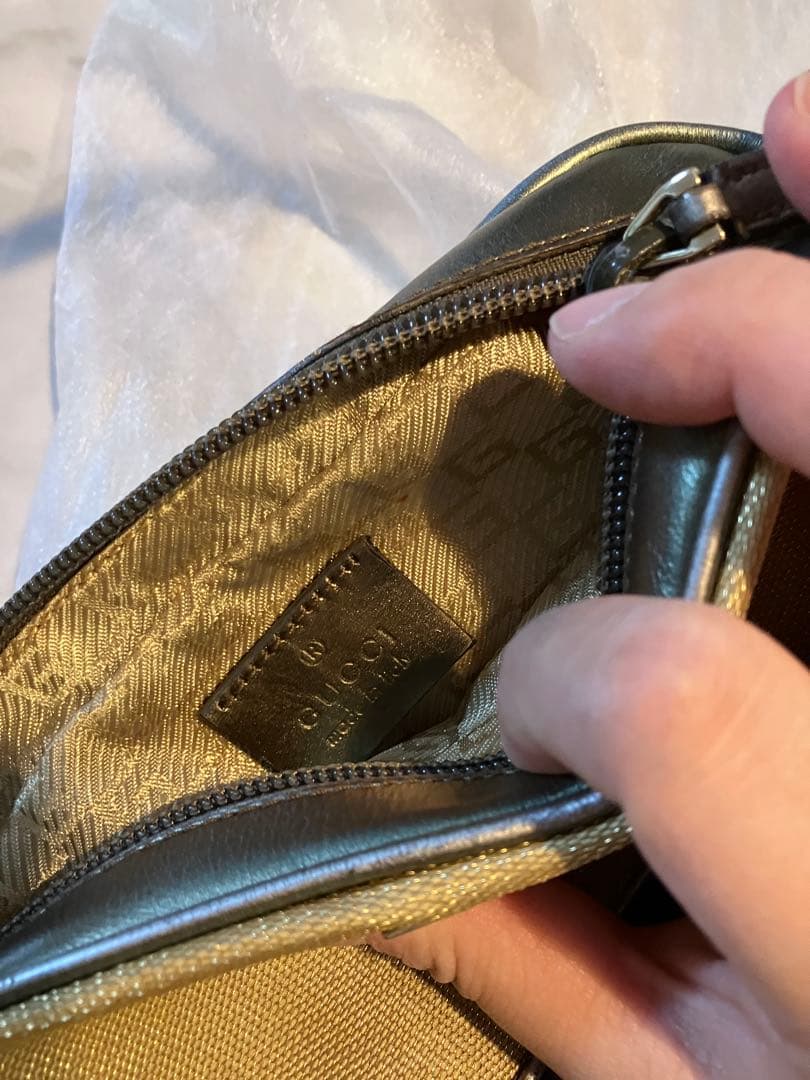 GUCCIグッチ美品ミニハンドバッグポーチ結婚式ゴールドブラウンカーキレザー