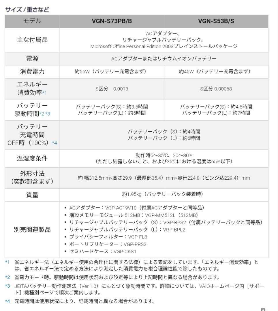 SONY VAIO VGN-S73PB/B windows XP Windowsノート本体 SONY VAIO VGN