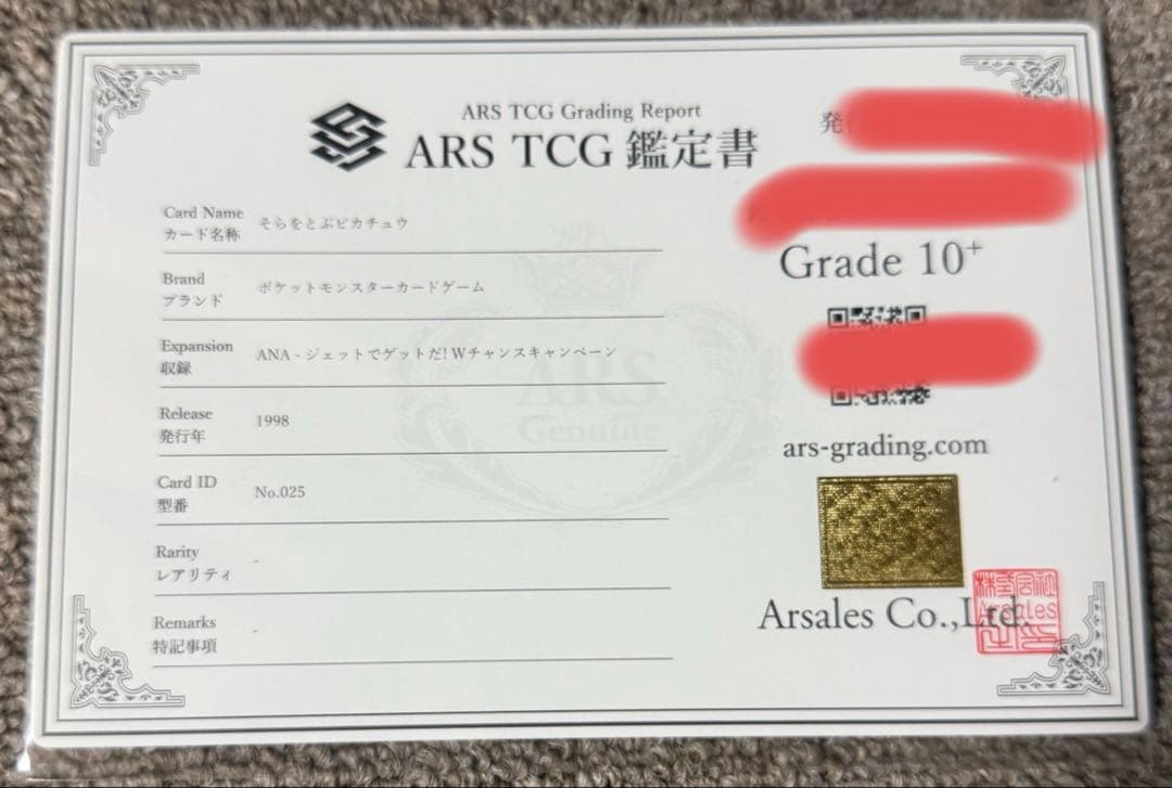 【ARS10+鑑定書付】そらをとぶピカチュウ　ANA限定プロモ　封筒、台紙付き