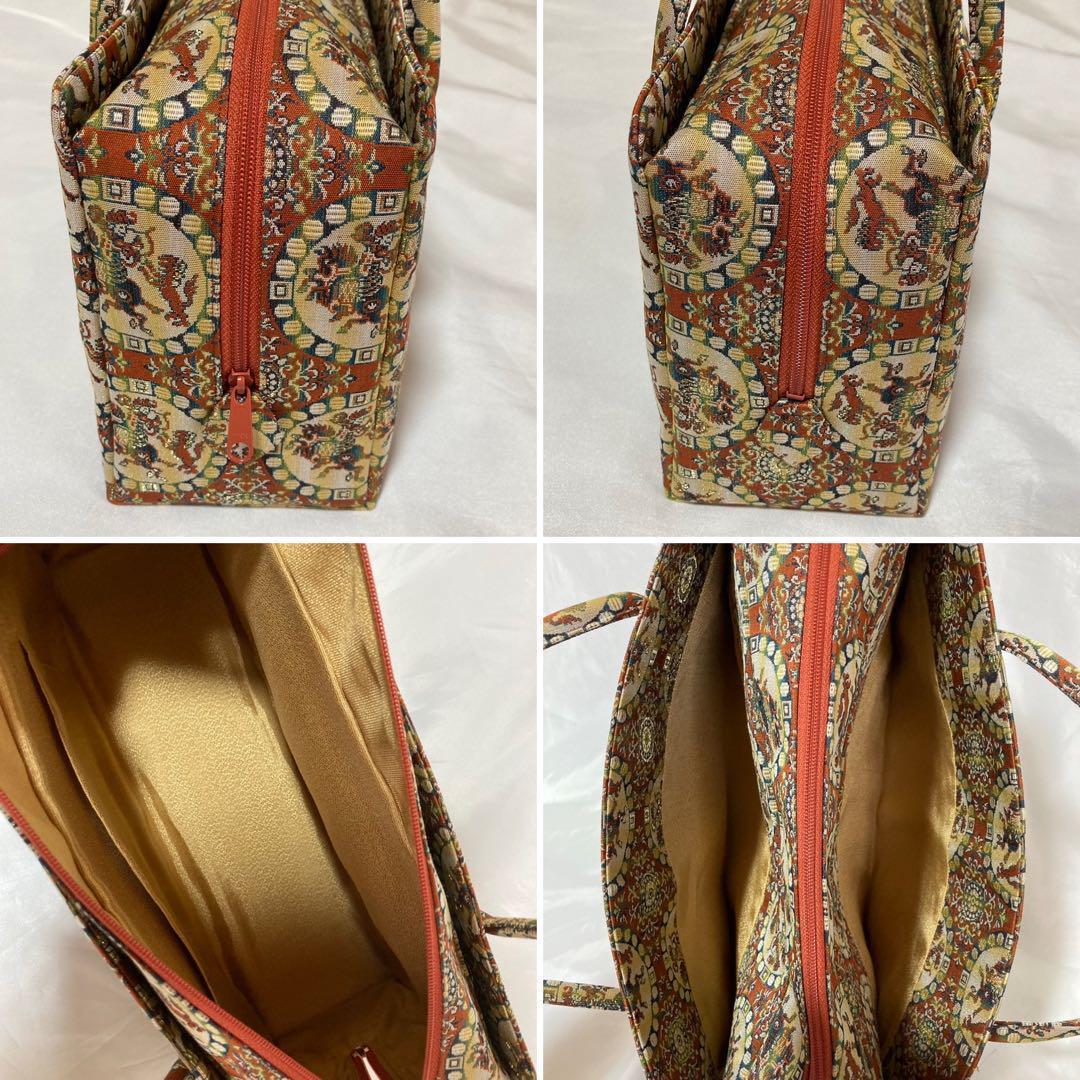 【未使用】利休バック/正絹　京都　西陣織/獅子狩文錦　古代錦/和装小物　お茶席