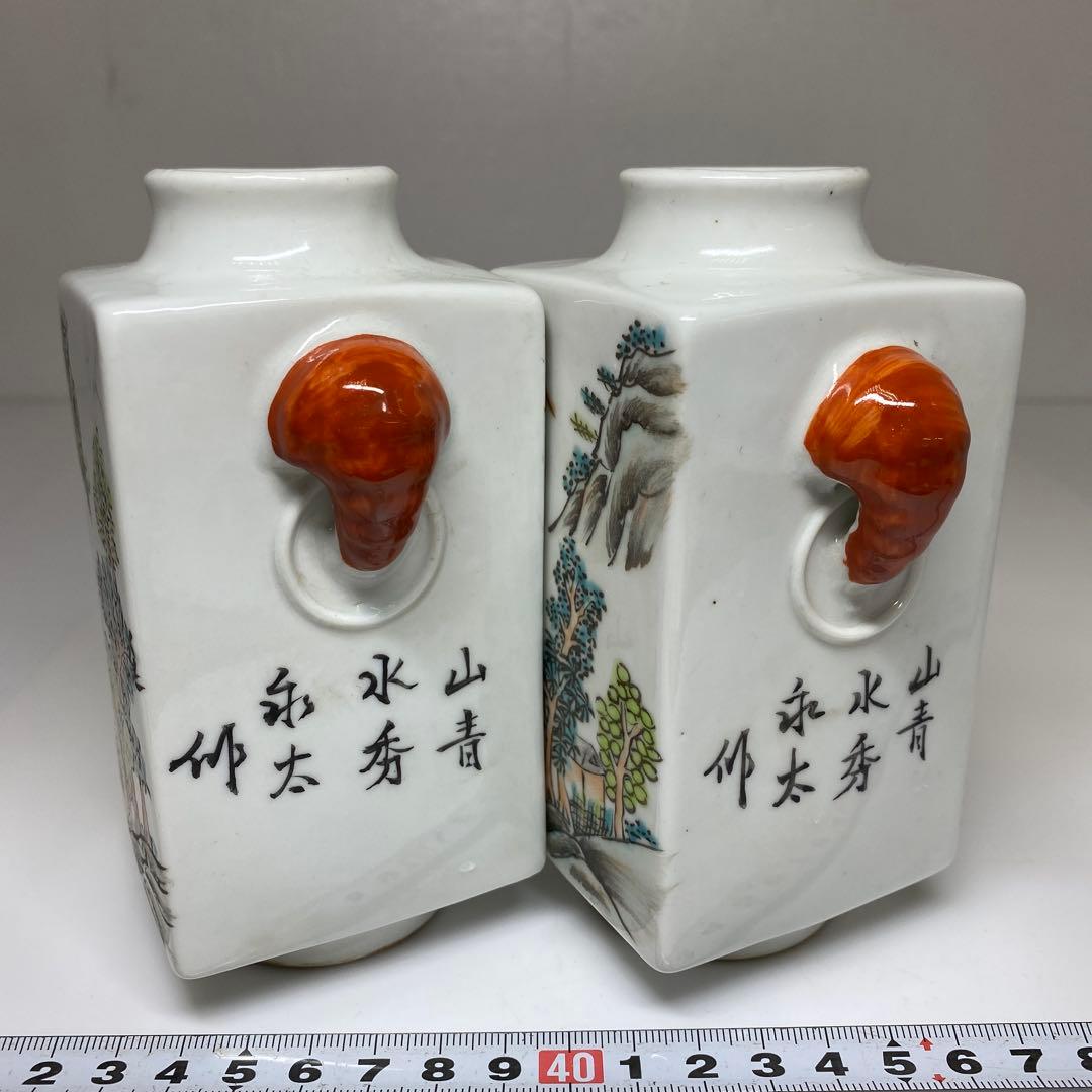 中国美術 同治年製 粉彩花入一対 高さ13㎝ 東Y7-0331③