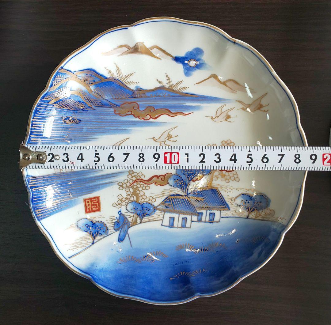 古伊万里 人物鳥山水風景図 輪花中皿 裏角福 表月