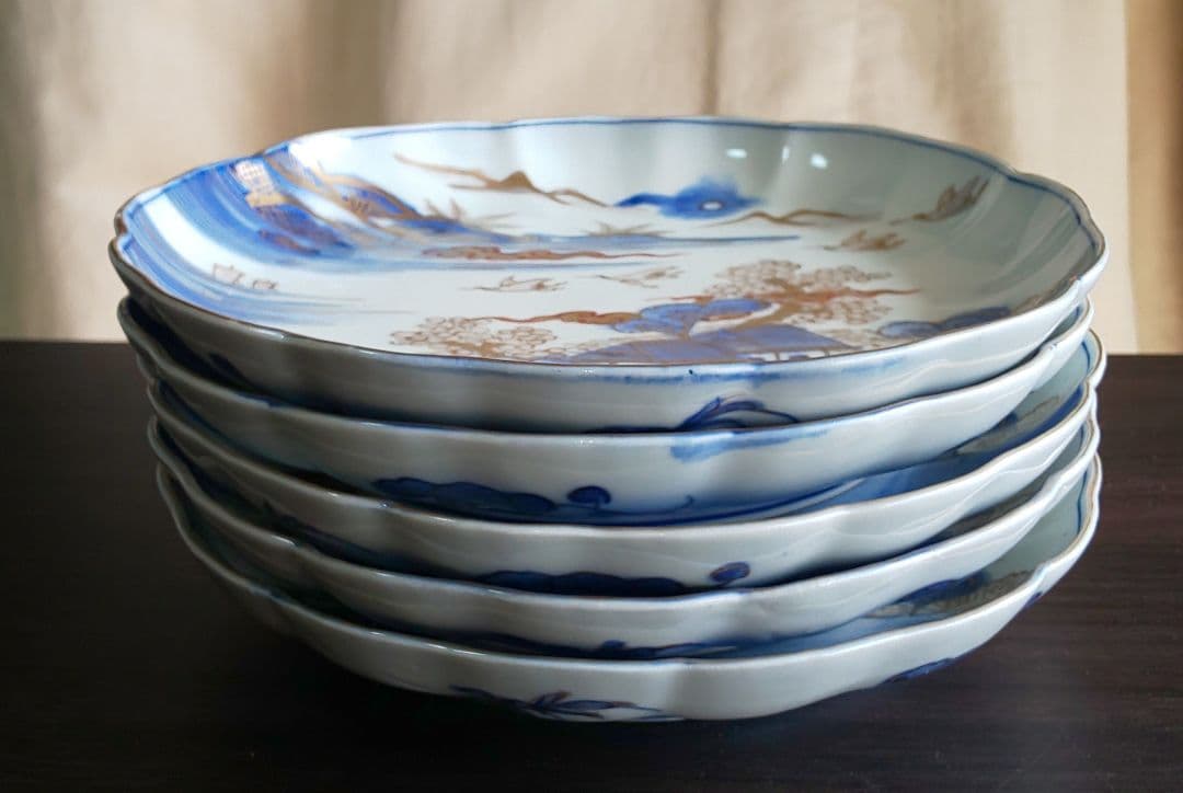 古伊万里 人物鳥山水風景図 輪花中皿 裏角福 表月