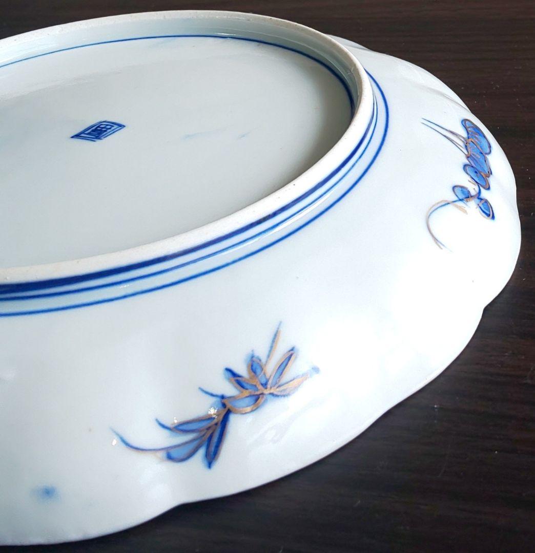 古伊万里 人物鳥山水風景図 輪花中皿 裏角福 表月