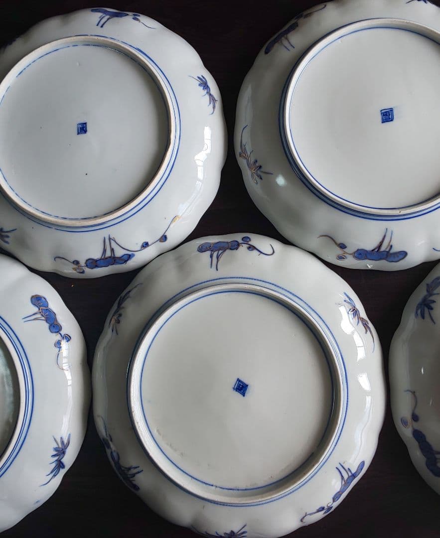 古伊万里 人物鳥山水風景図 輪花中皿 裏角福 表月