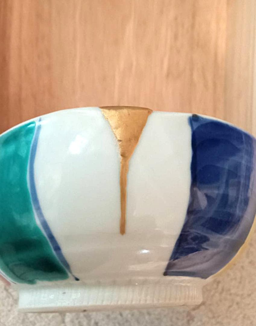 KINTUGI 純金粉金継 九谷焼 紙風船様 長右エ門作小皿 一点もの美術価値大