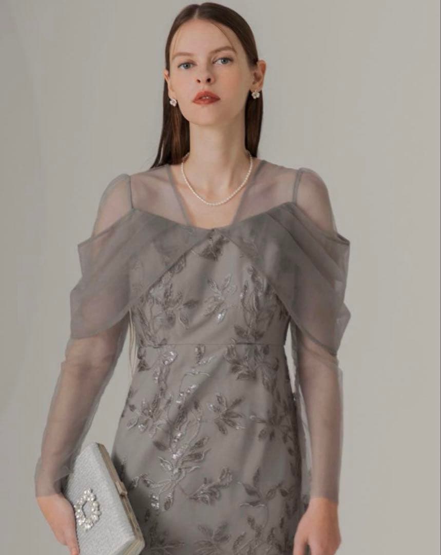 Leja チュールロングスリーブリーフIラインワンピースドレス GRAY