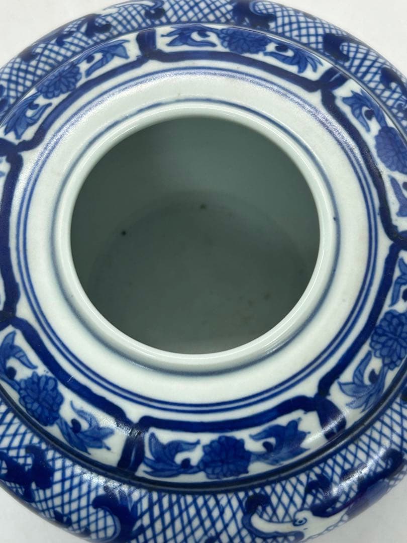 中国 染付 龍鳳紋蓋付壺 大清雍正年製銘 送料込み