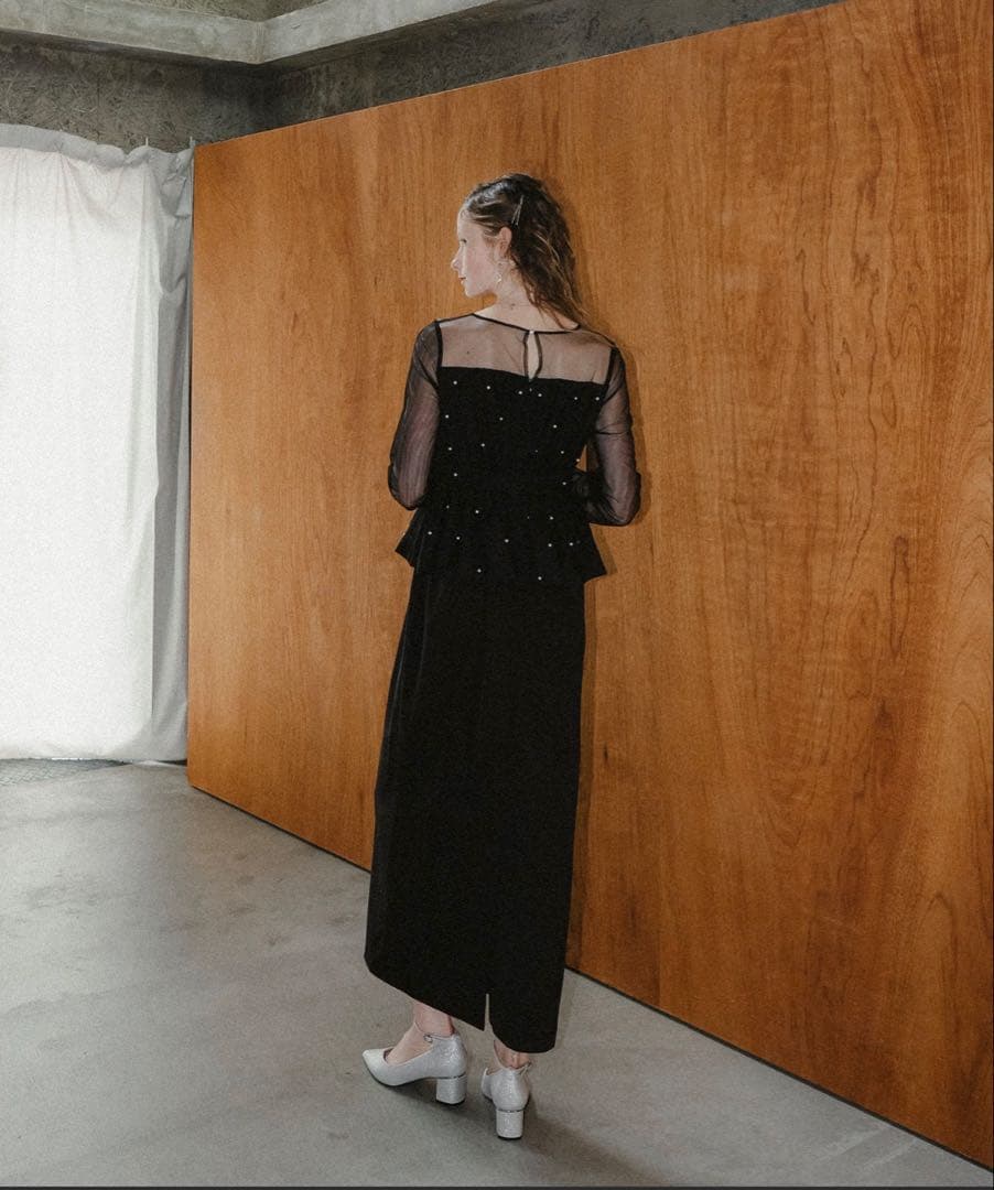 Et.UNiVER 黒 シースルー長袖 ペプラムドレス　M