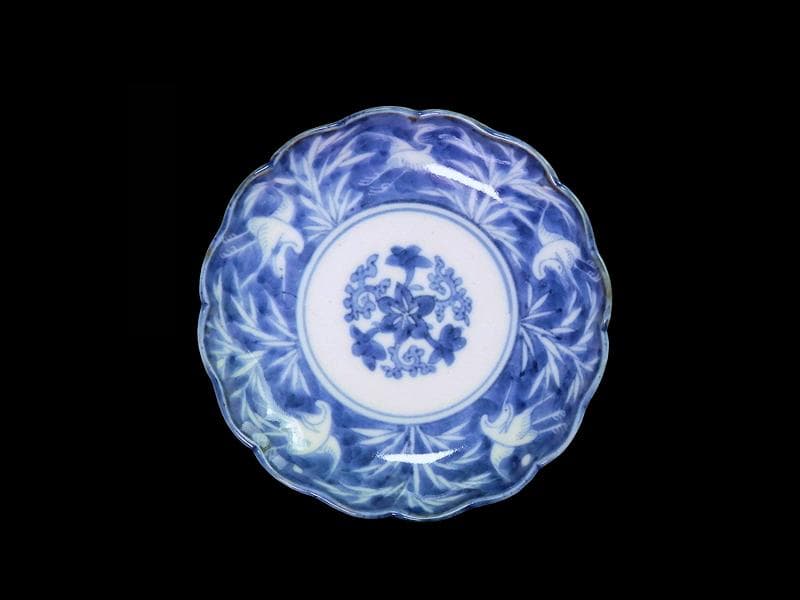 古伊万里 染付 白抜 葦に鷺の図 手塩皿 F401AS-DCj 染付