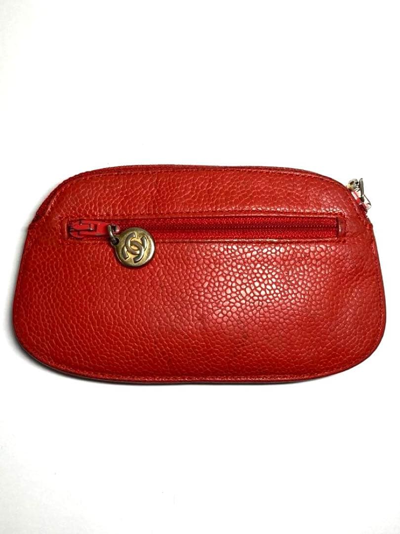 シャネル　キャビアスキン　ココマーク　ポーチ　ケース　カードケース　レッド