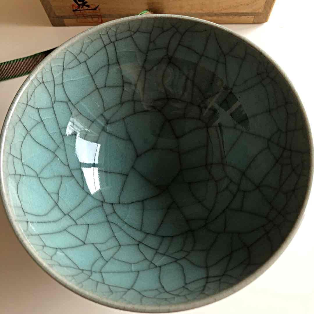 茶道具 青磁 抹茶碗 土渕善丕氏造 共箱 共布