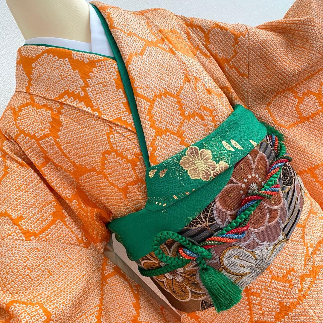 313 振袖フルセット 正絹 黒 橙 絞り 金彩 駒刺繍 刺繍 やや難あり