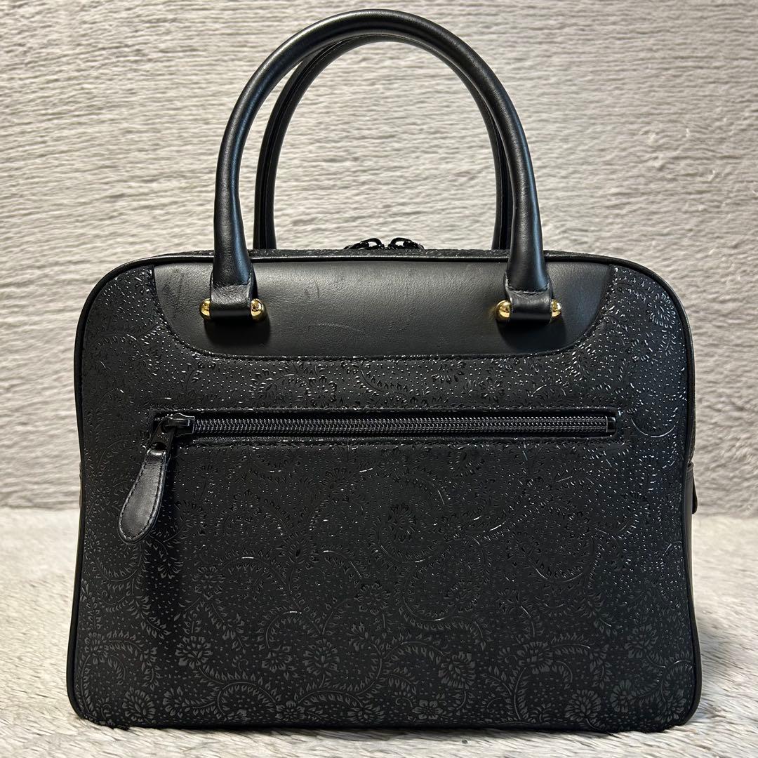 印傳屋 印伝　ハンドバッグ 鹿革 レザーバッグ　ブラック　甲州印伝 漆模様