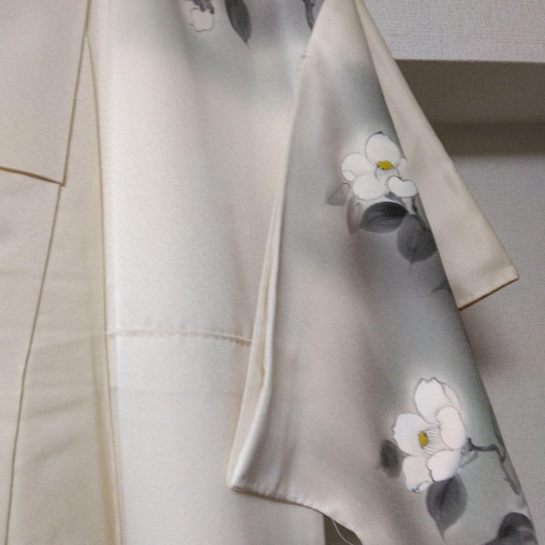 未使用品 訪問着 鳥と花模様白つばき グレーとホワイト、長襦袢付