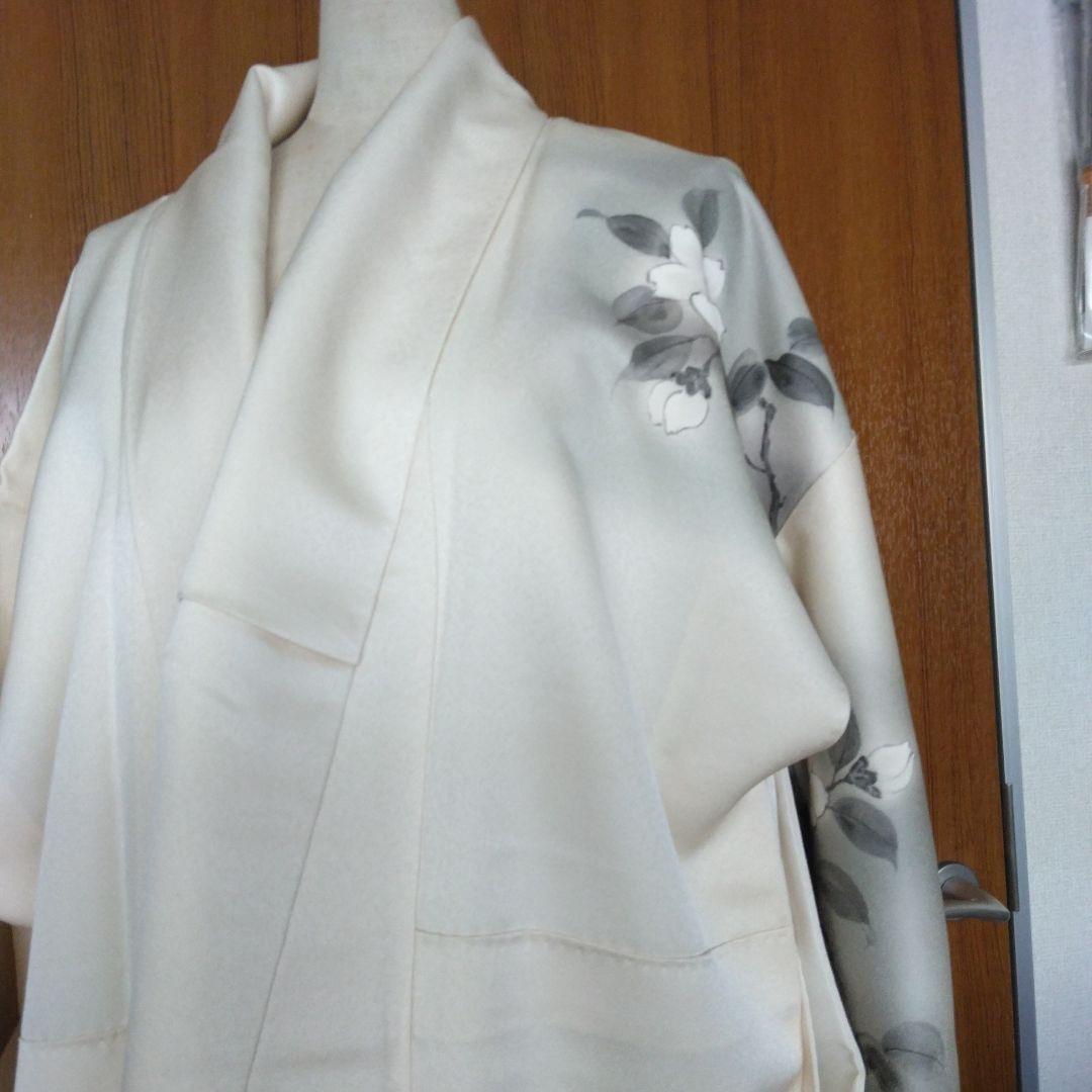 未使用品 訪問着 鳥と花模様白つばき グレーとホワイト、長襦袢付