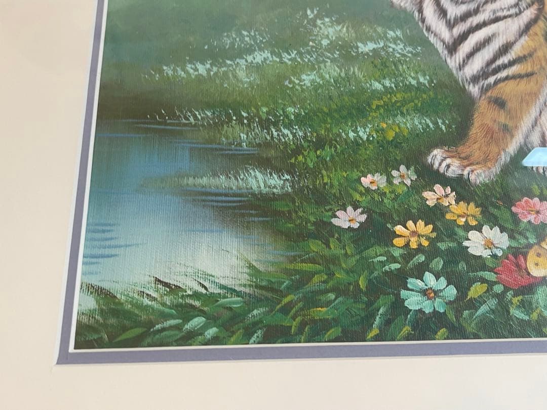 【開運絵画】「水辺の虎と蝶」の油彩画　超絶技巧　L.Chen