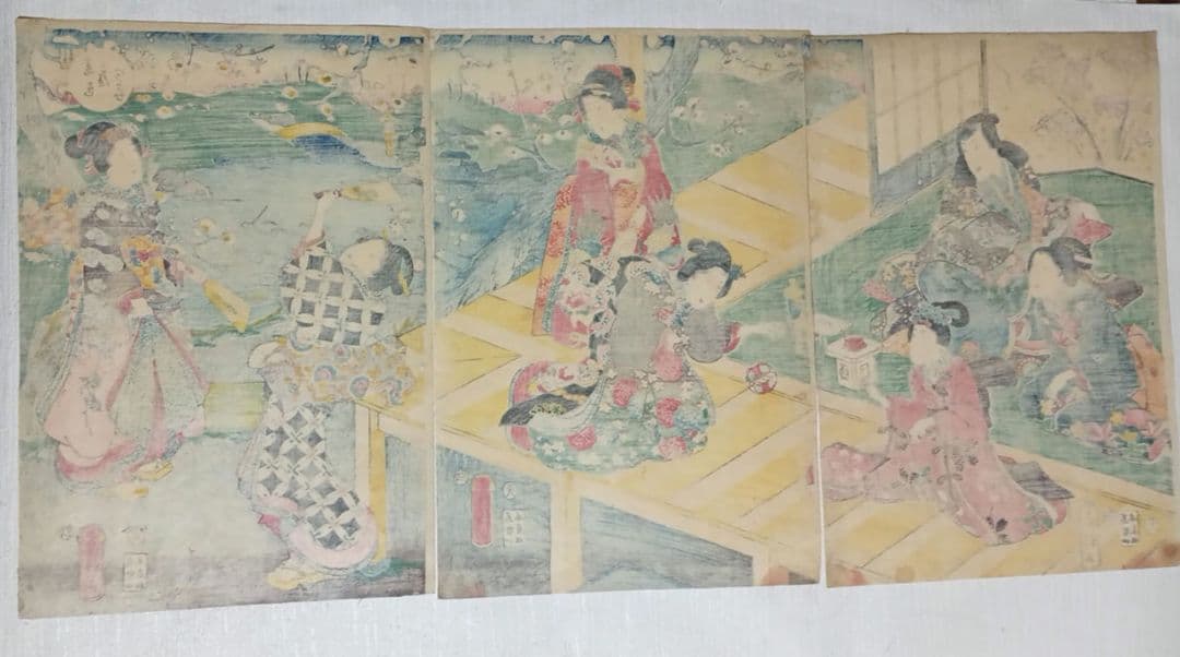 浮世絵、春色庭あそひ三枚綴り（偐紫田舎源氏)歌川房種