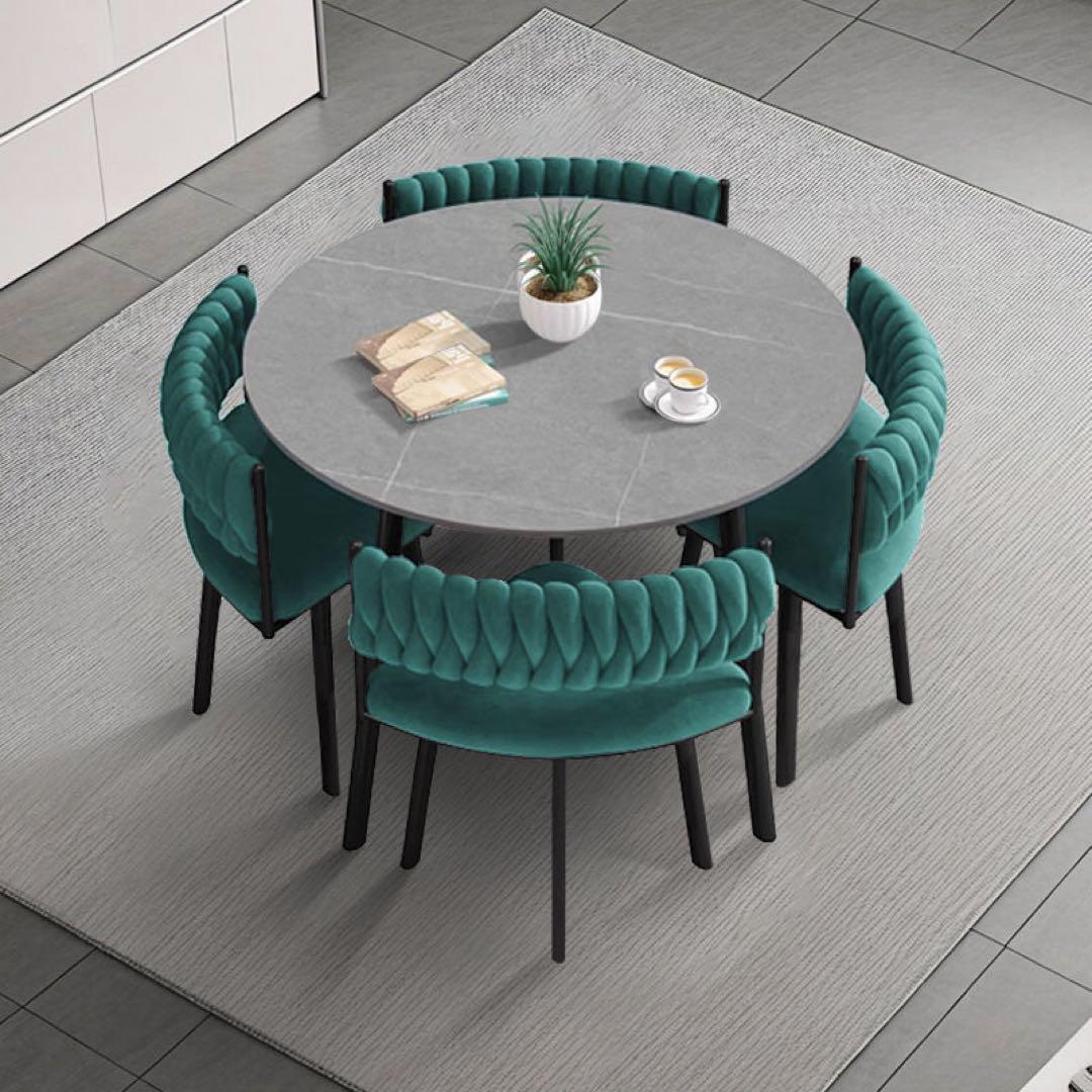 大理石調テーブル × 立体キルティングチェア 円形ダイニングセット