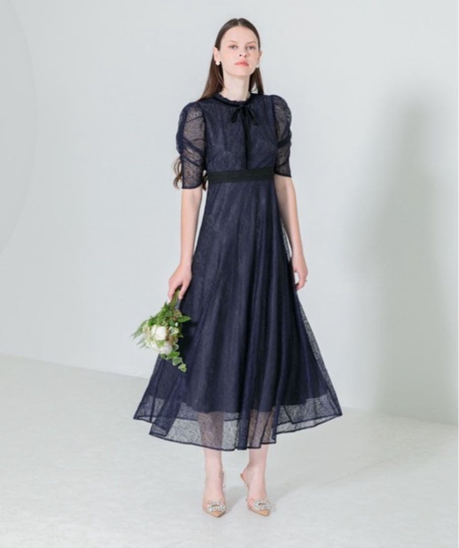 Leja ウエストマークパフスリーブ総レースロングドレスワンピース S レジャ Leja ウエストマークパフスリーブ総レースロングドレス