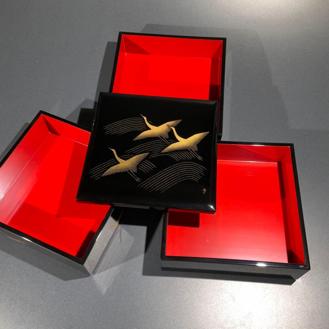 沈金蒔絵千羽鶴三段重黒漆共箱三谷吾一輪島R0845て