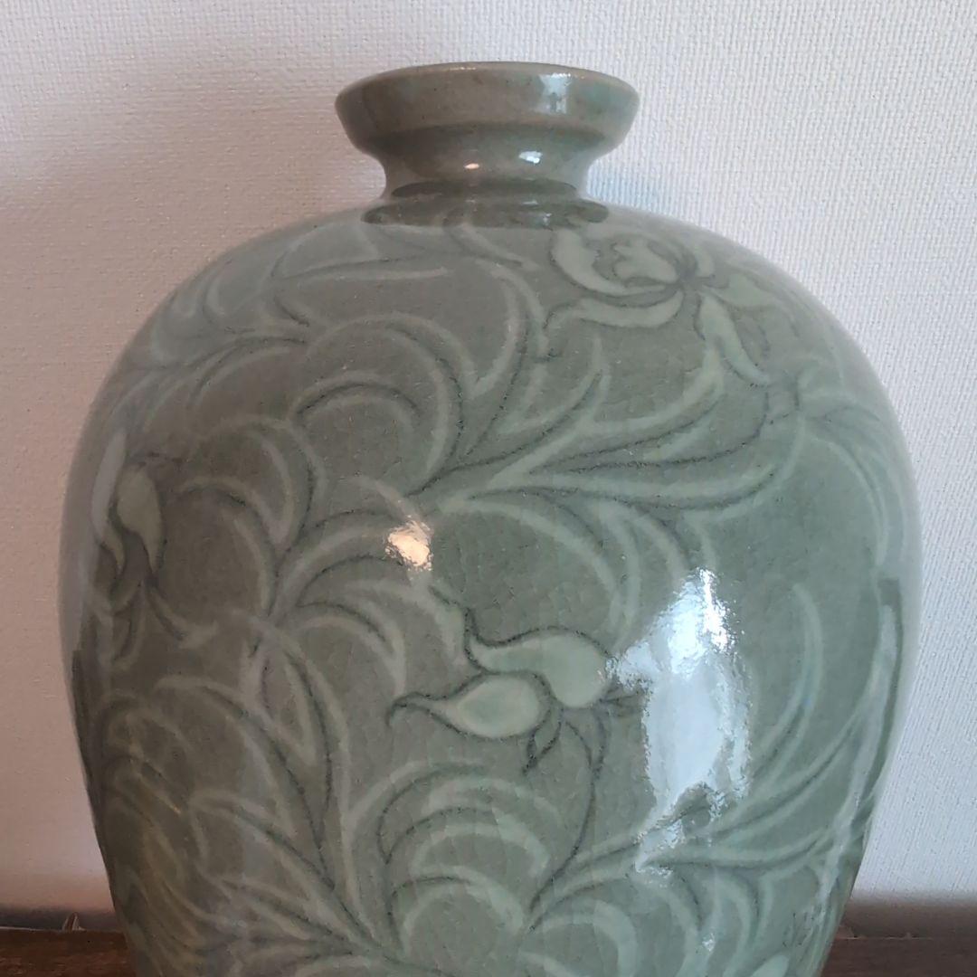 高麗青磁 白黒象嵌 朝鮮美術 梅瓶 骨董 陶芸 陶磁器 33.5cm高程