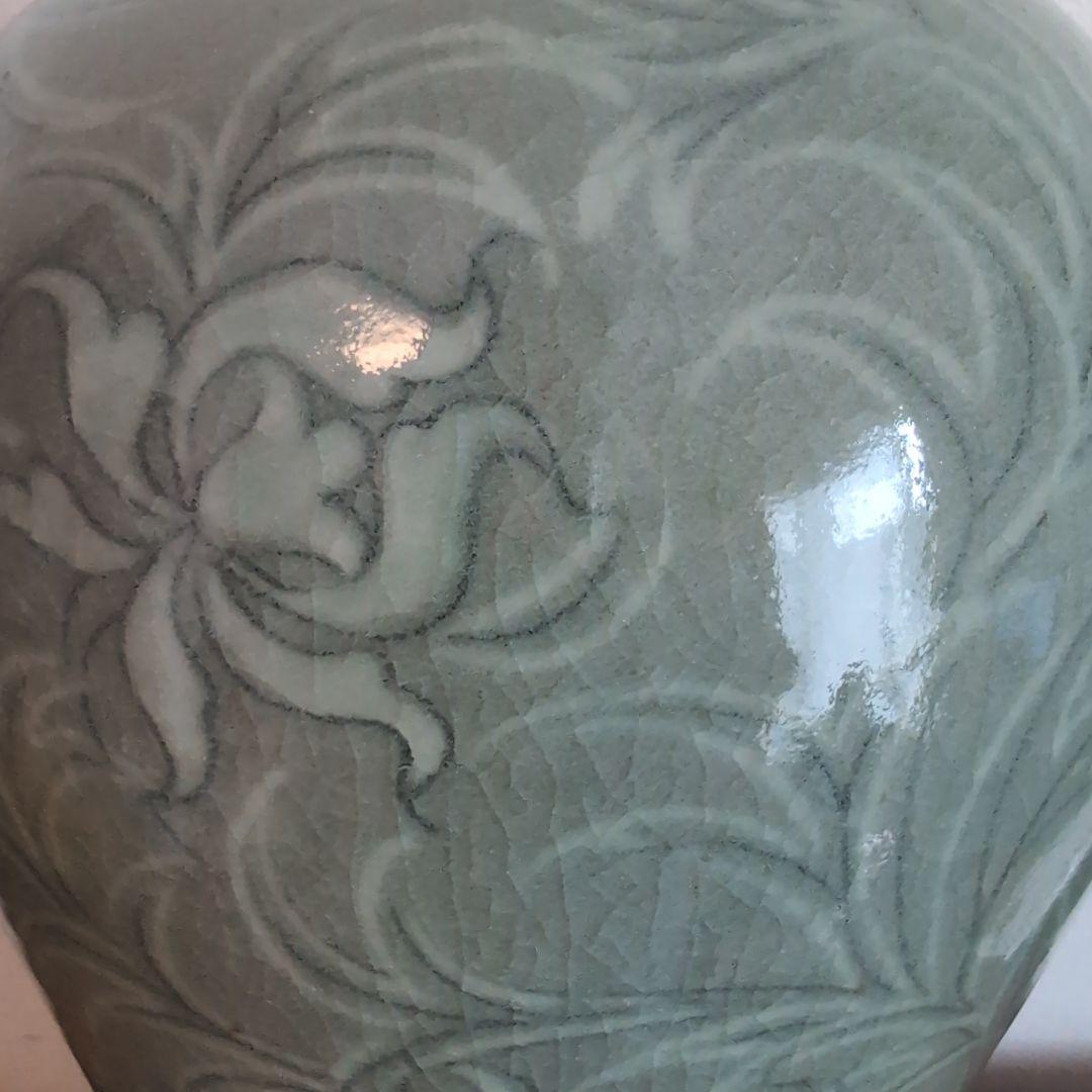 高麗青磁白黒象嵌朝鮮美術梅瓶骨董陶芸陶磁器33.5cm高程