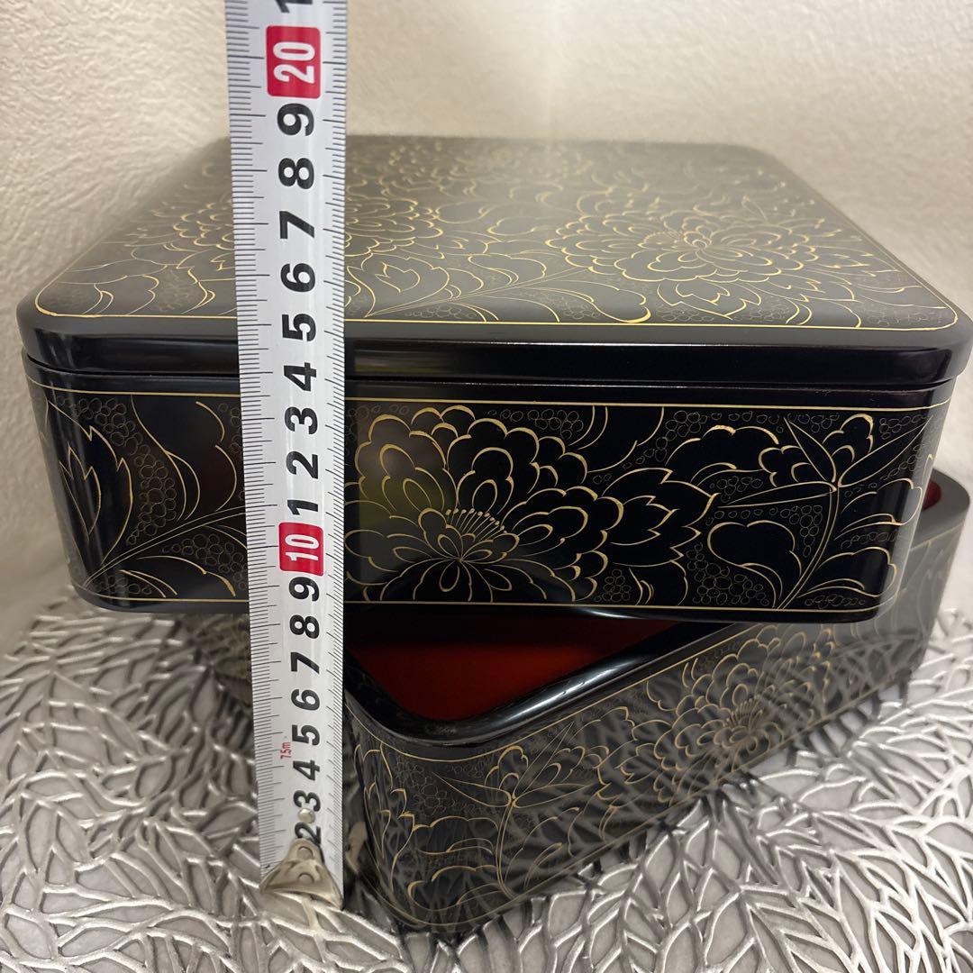 ⭐️輪島塗 布着堅地漆器 二段重箱 漆黒金花模様