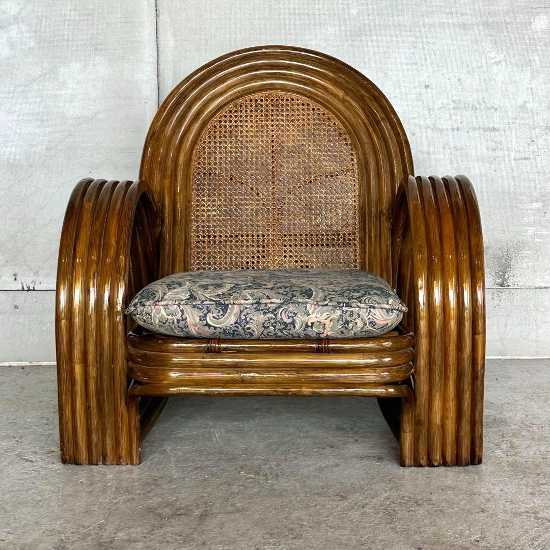 オールドラタン꧂カフェ風✦レトロラタン大型アームチェア 1人掛けソファー