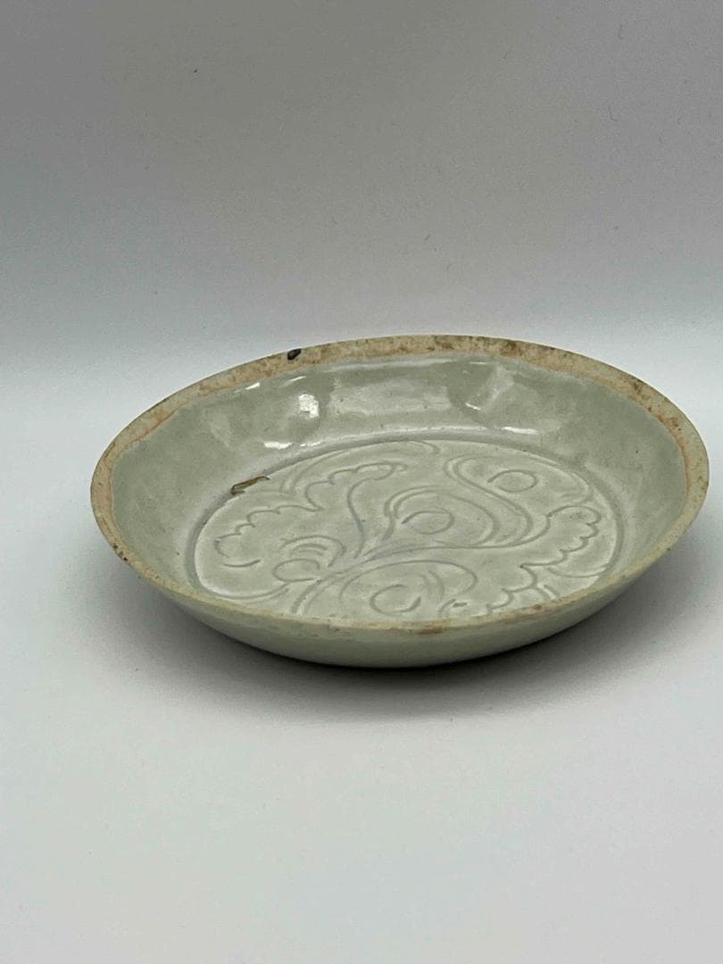 北宋時代 湖田窯 青磁刻花鳳尾花文房洗 覆燒 覆輪