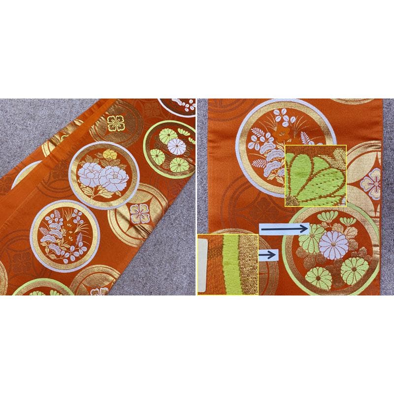 506ag60.小物◎七五三 七歳 女児 着物&袋帯 金彩 菊菖蒲扇 桜色 柿色