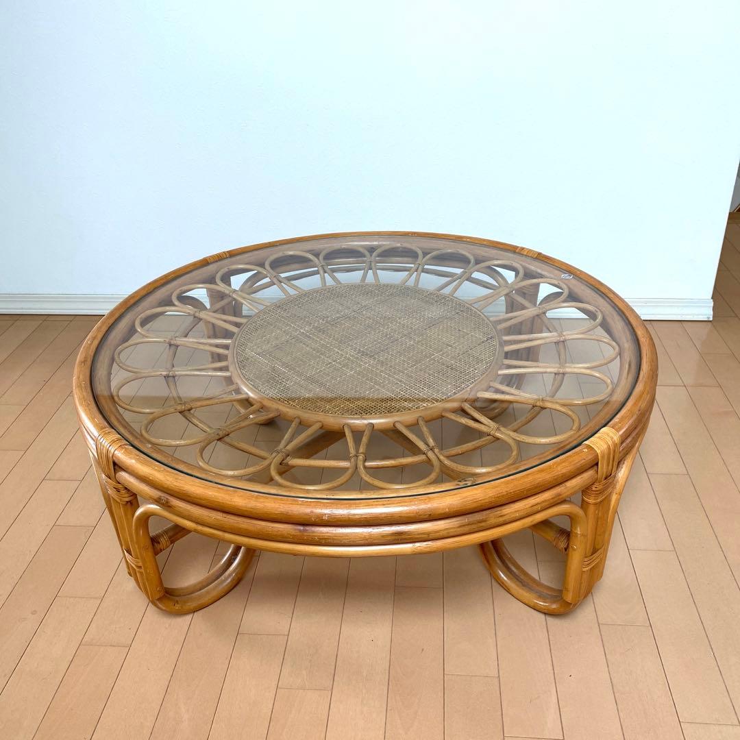 昭和レトロ ラタン ガラステーブル 籐 円卓 座卓 ヴィンテージ
