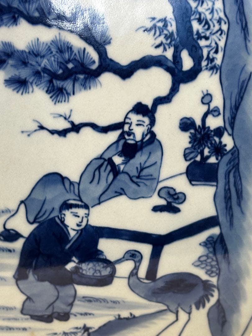 中国大清康熙年製 四方青花染付 双獅子耳花瓶 人物風景